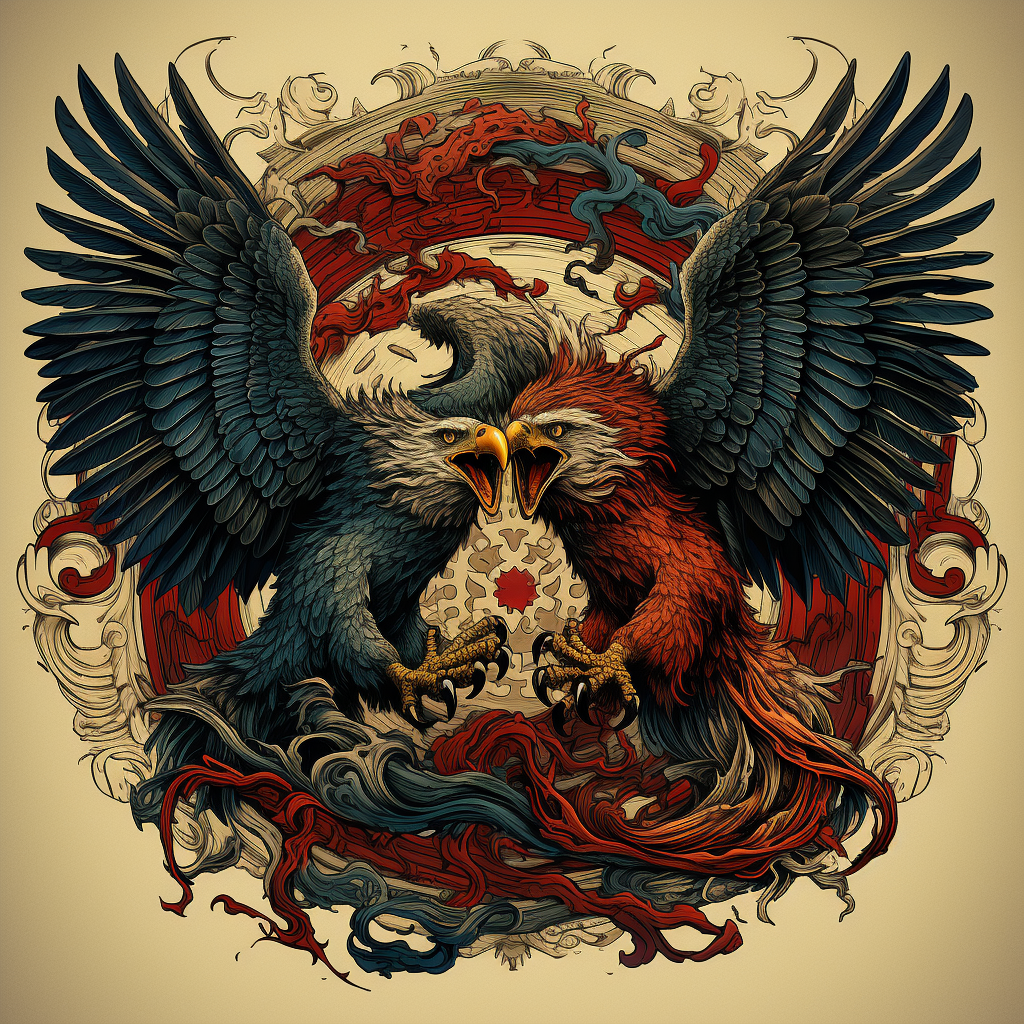 Colorful vintage eagle fighting dragon tattoo