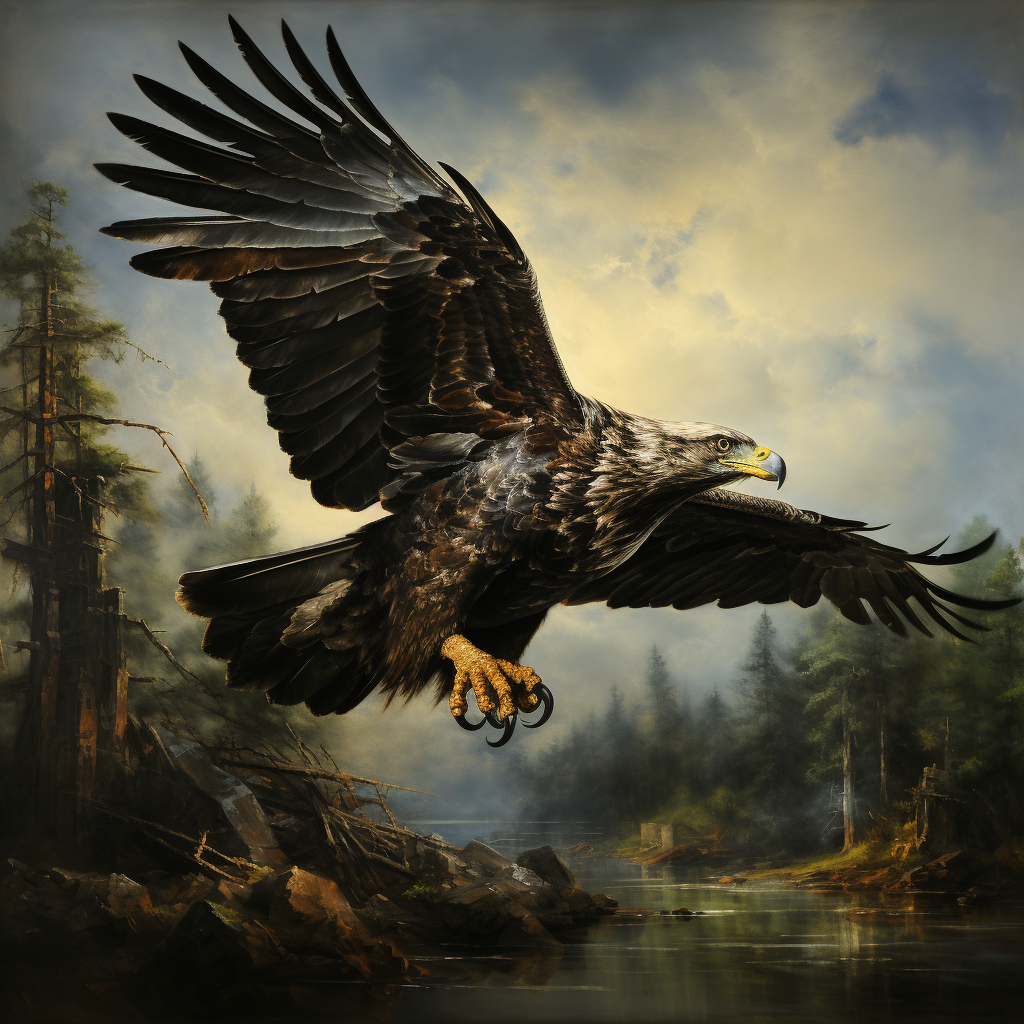 eagle flying over lake in forest