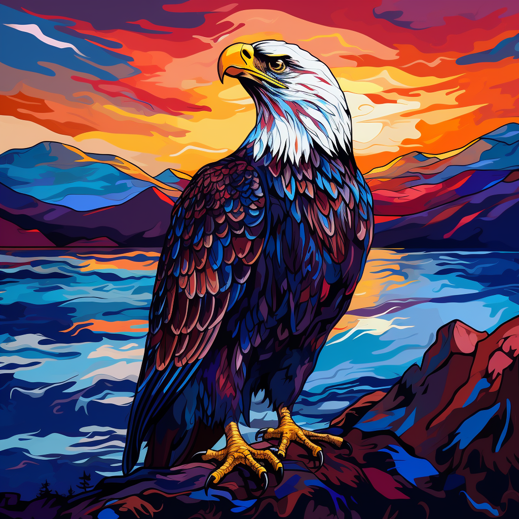 Majestic eagle overlooking ocean at sunset