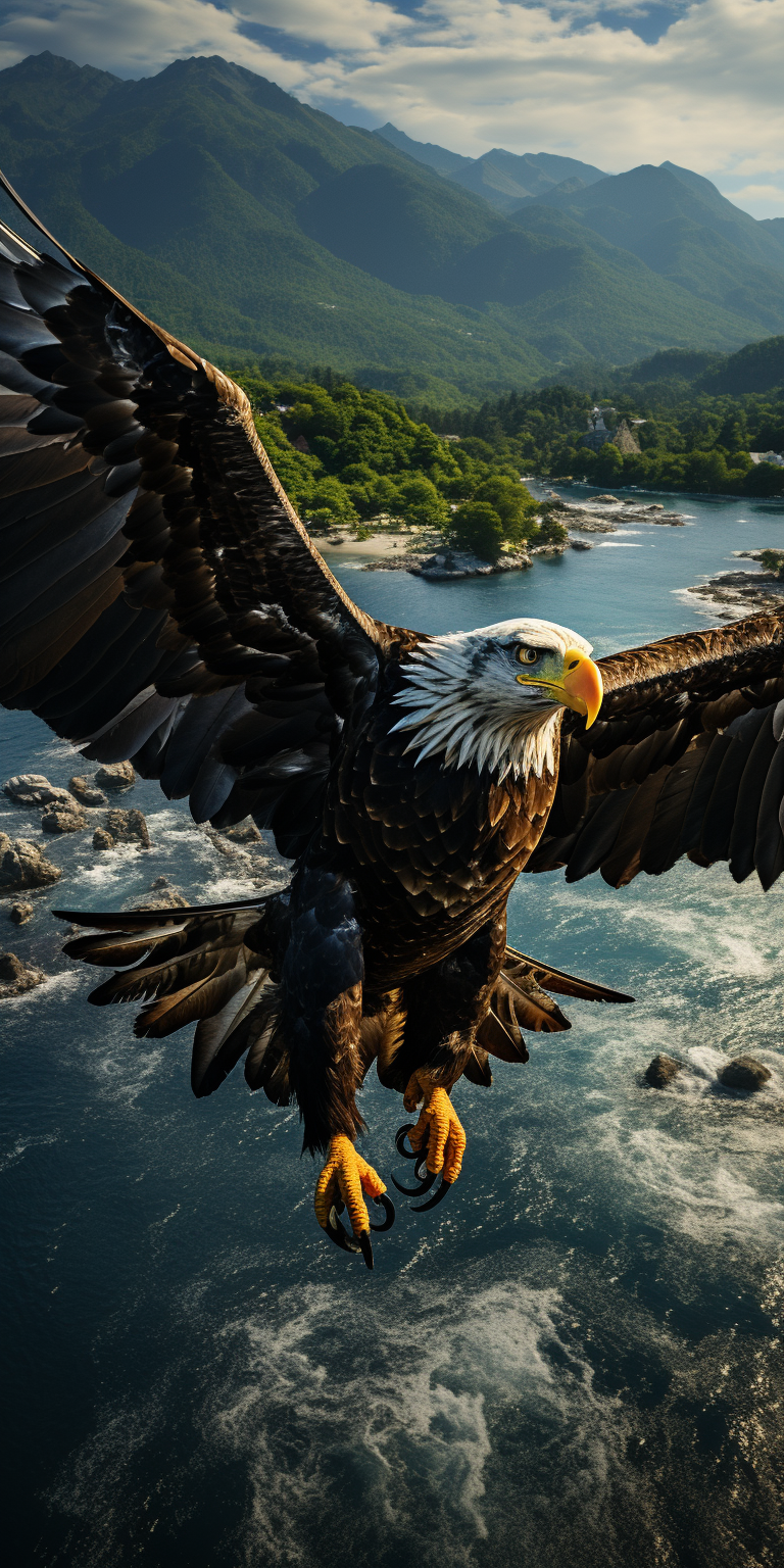 Eagle flying over mountains and sea