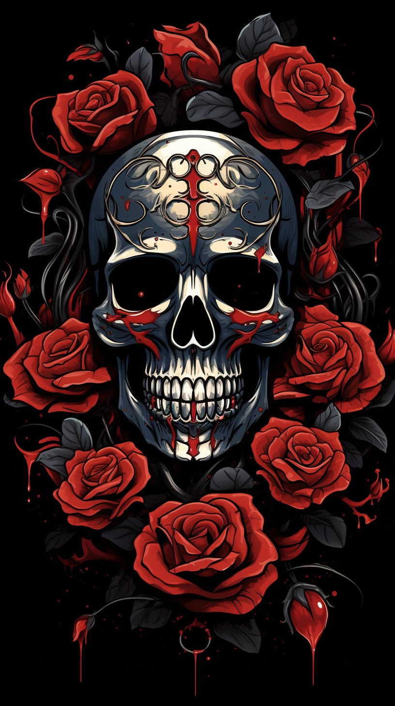 Illustration of earded mad skull, biker skull, red roses, and thorns