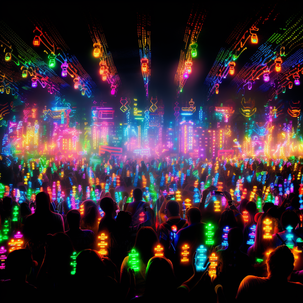 Vibrant pixel art of early 2000s rave scene