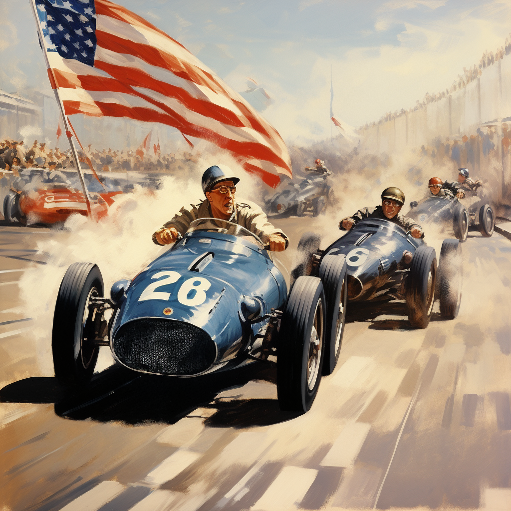 Two early Formula One racers speeding over finish line