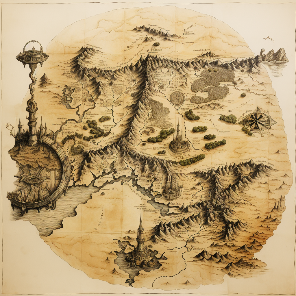 Detailed Etching of Early World Middle Earth Map