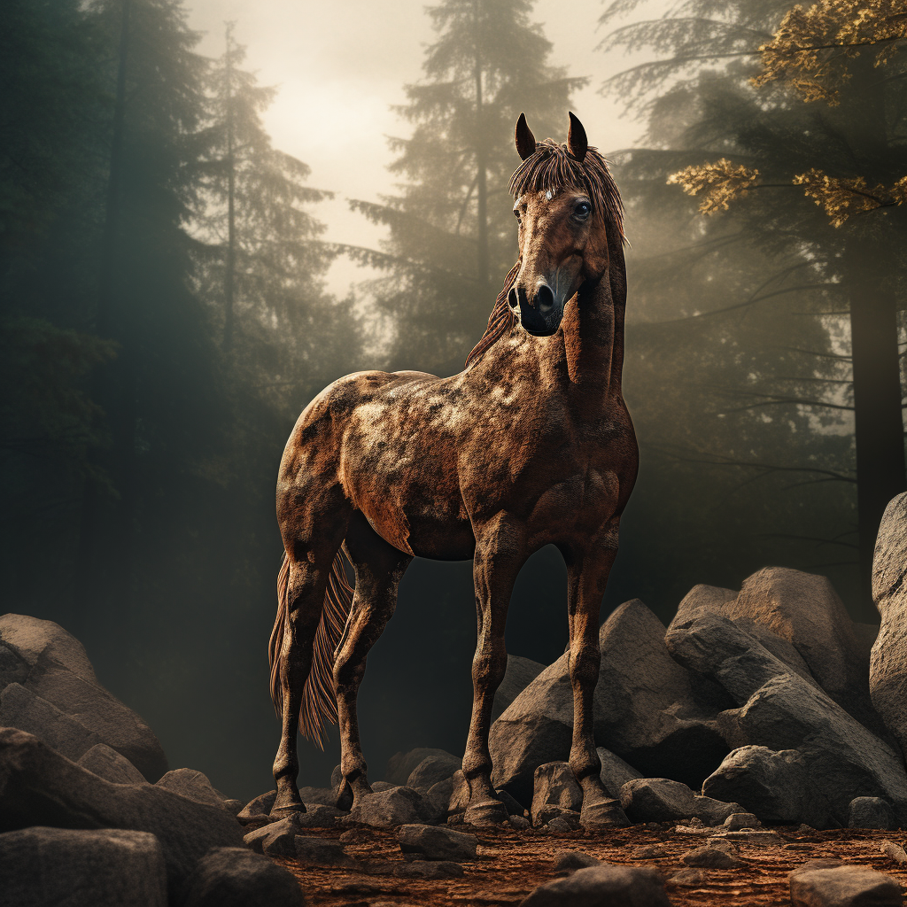 Majestic horse made of rocks in forest