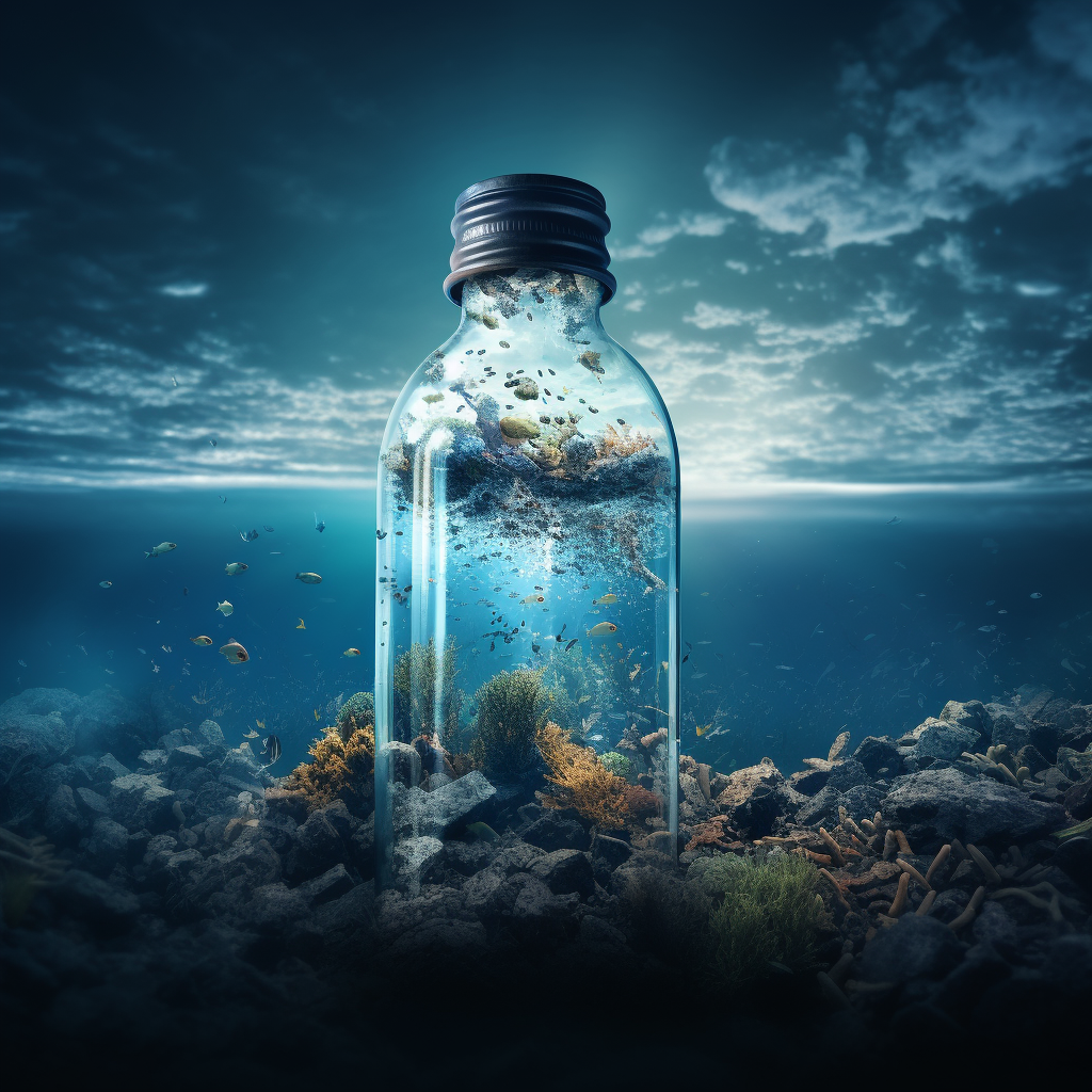 Earth inside closed water bottle floating in polluted sea