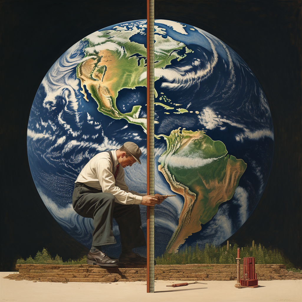 Man measuring Earth with a yardstick