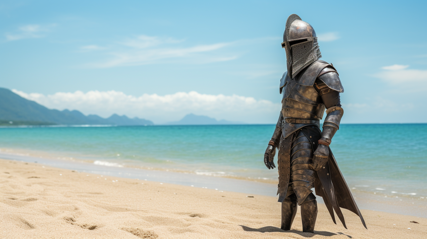 Faceless earthworm in medieval armor on tropical beach