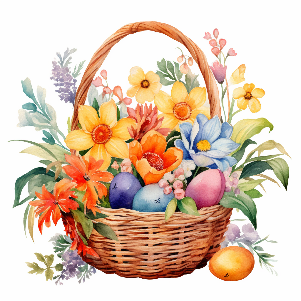 Watercolor Easter Basket with Flowers and Eggs