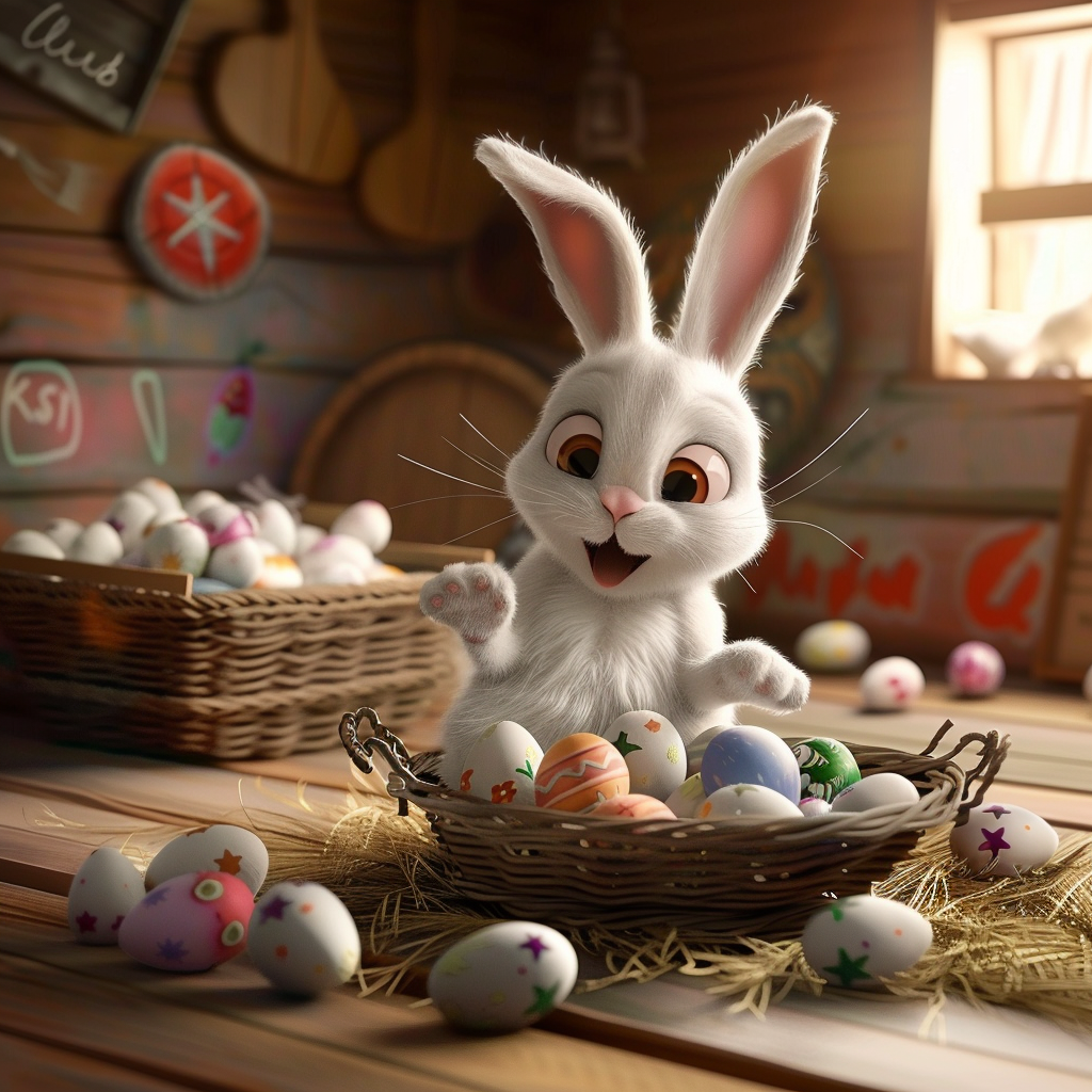 Cartoon Easter Bunny with Eggs