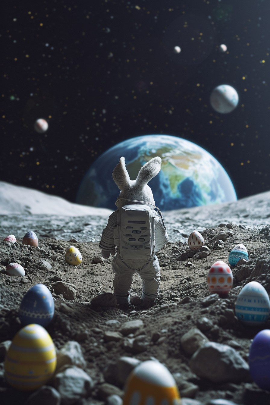 Easter Bunny in Spacesuit on Moon with Earth and Easter Eggs