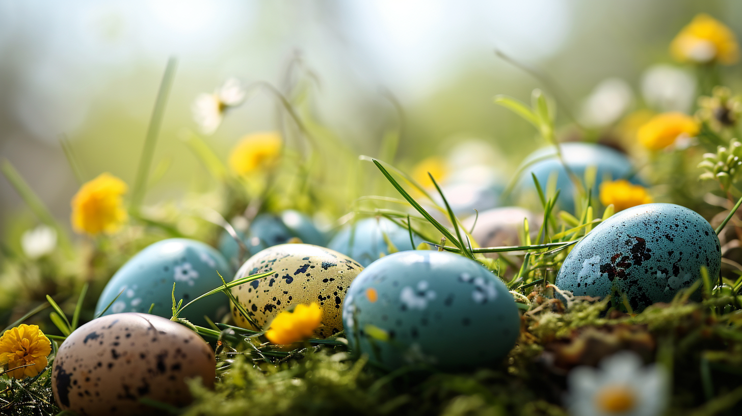 Colorful Easter egg decorations on lush green grass