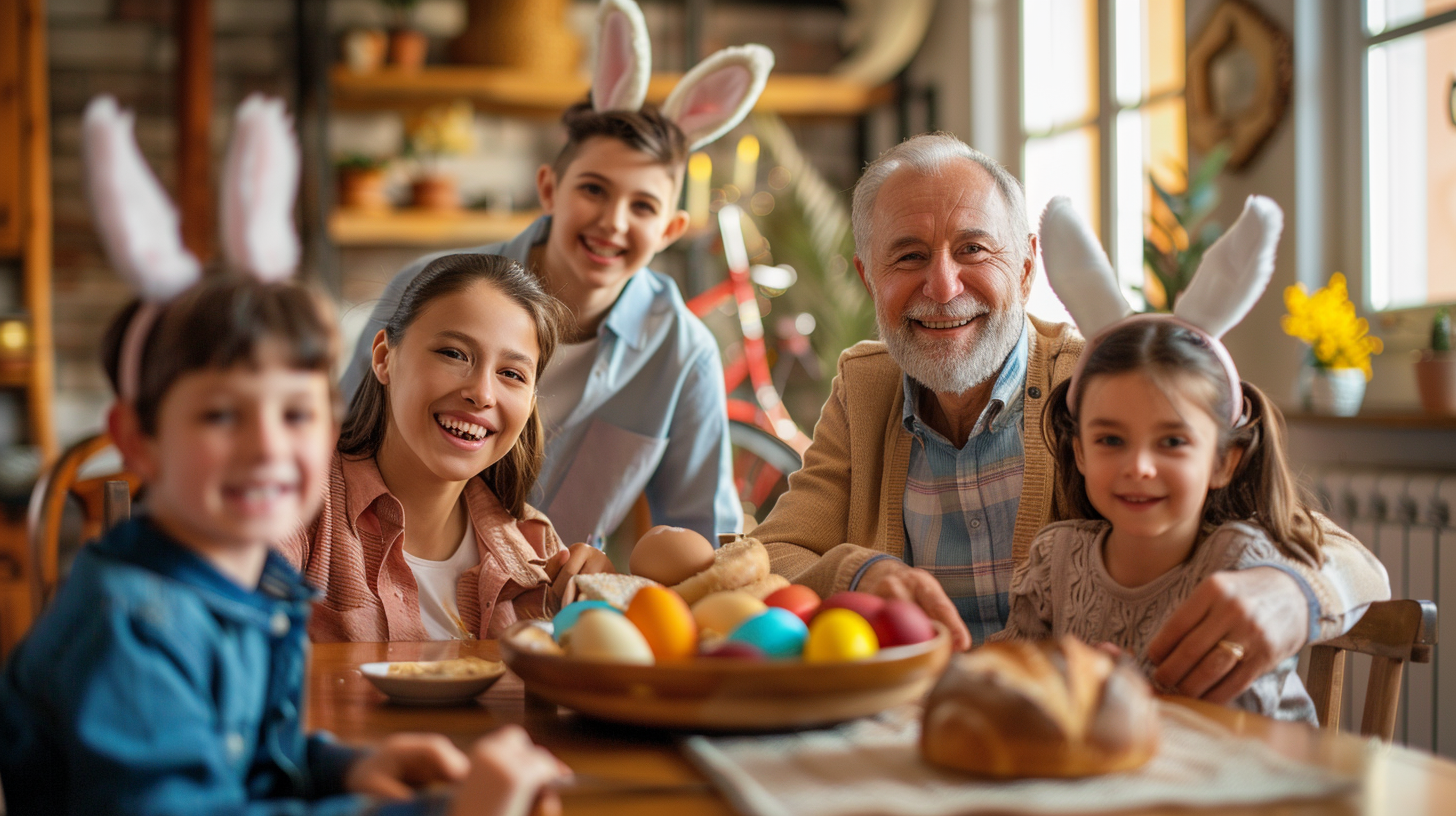 Caucasian Family Easter Dinner Table Bunny