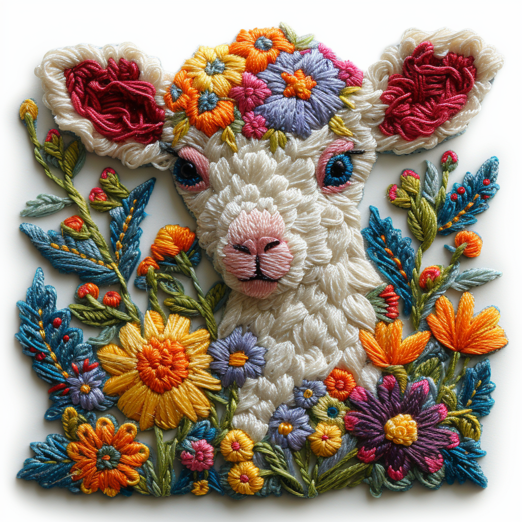 Easter Lamb with Colorful Embroidery on White