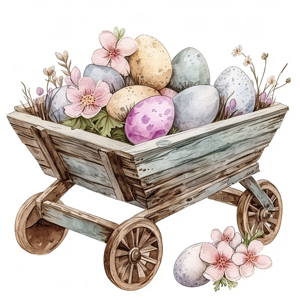 Cute Easter Wheelbarrow in Watercolor Style