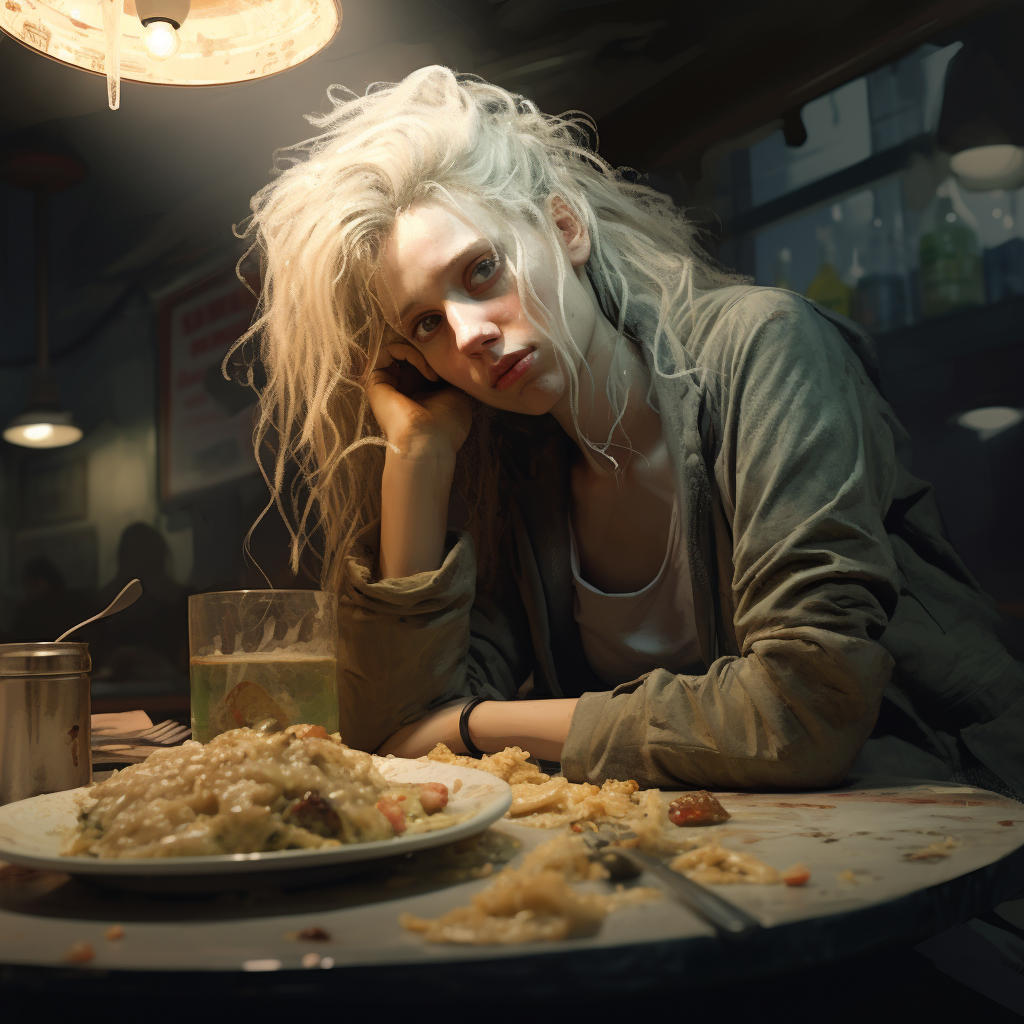 Person Enjoying Bland Meal in Grimy Cafe