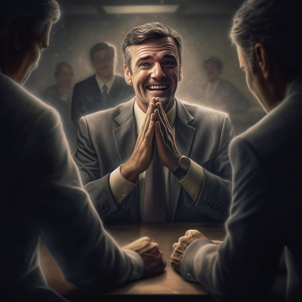 Businessman eavesdropping on meeting with evil grin