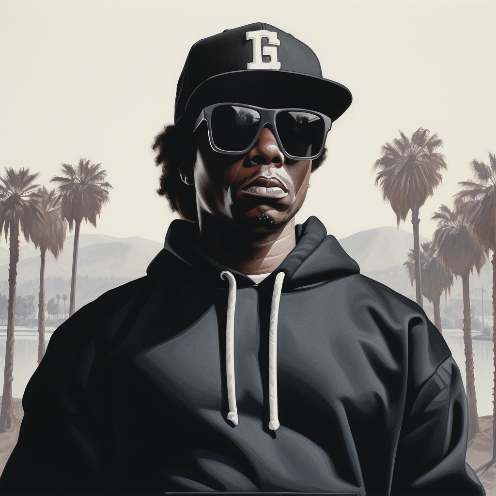 Eazy E portrait with LA Raiders cap and shades