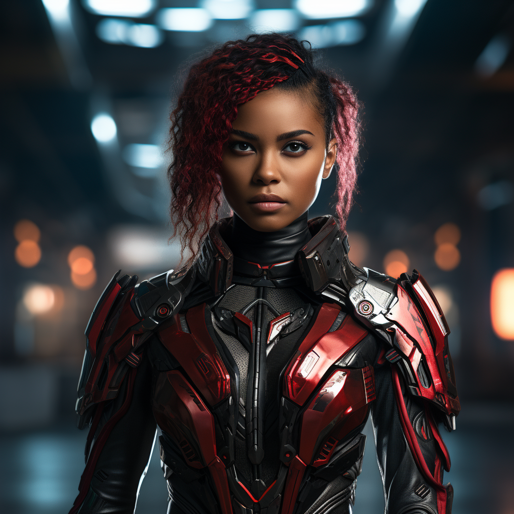 Ebony female warrior in cyberpunk suit