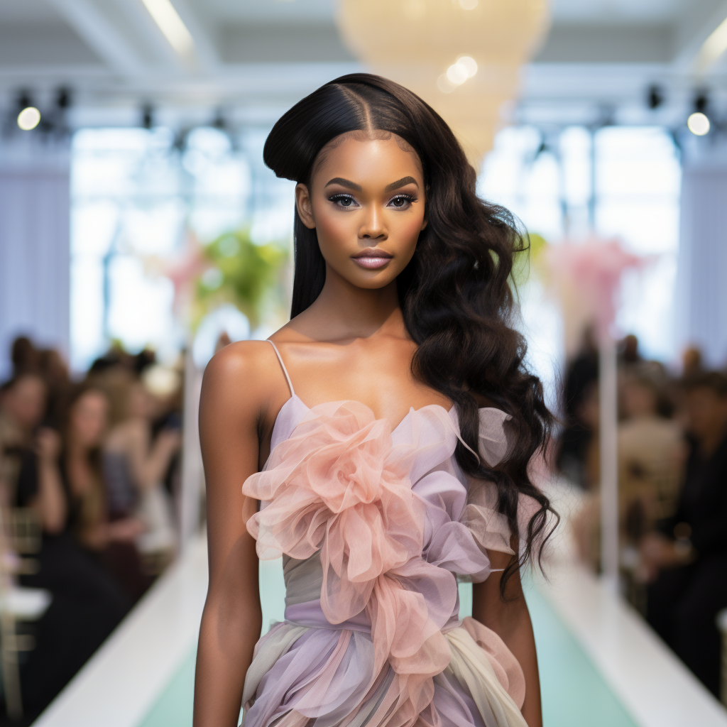 Ebony girl model with straight hair on the runway