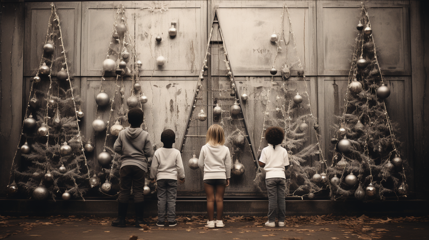 Quirky children decorating Christmas tree