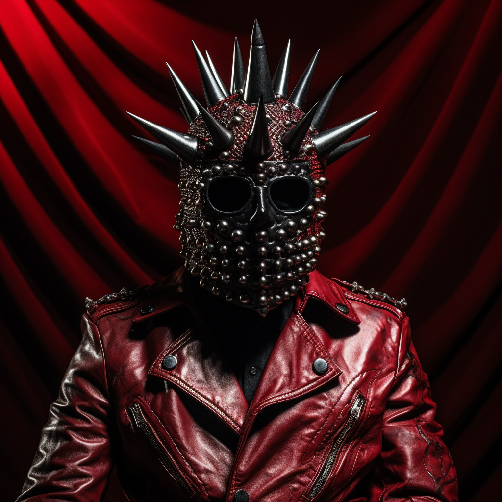 Rockstar wearing eccentric crimson leather outfit and black punk mask