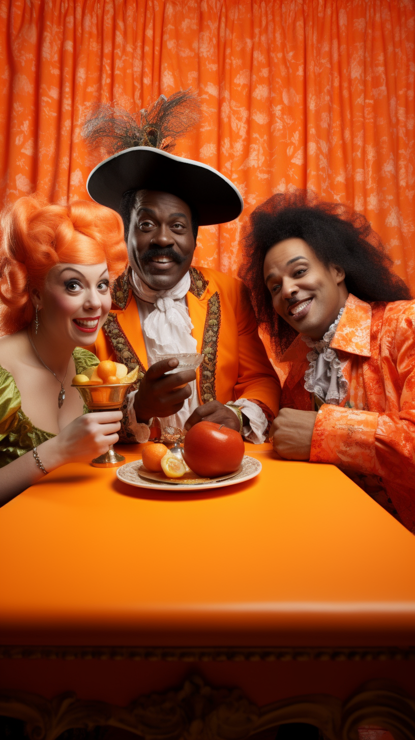 Four individuals drinking orange-infused rum and smiling