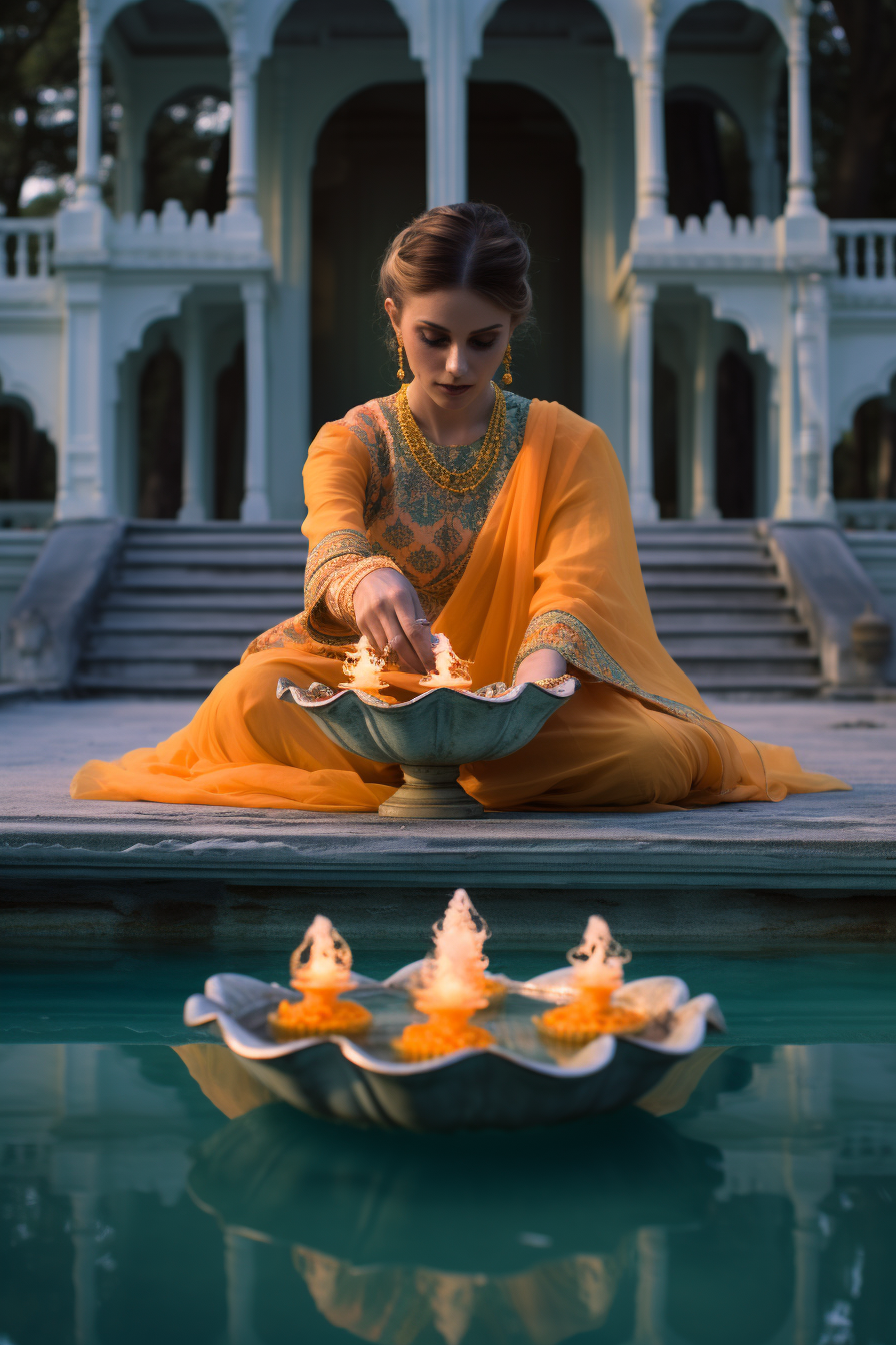 Indian lady with lotus fire bowl