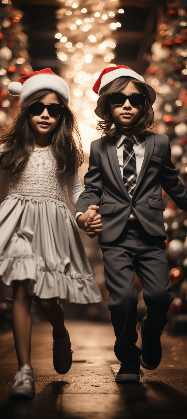 Eccentric children dancing around Christmas tree