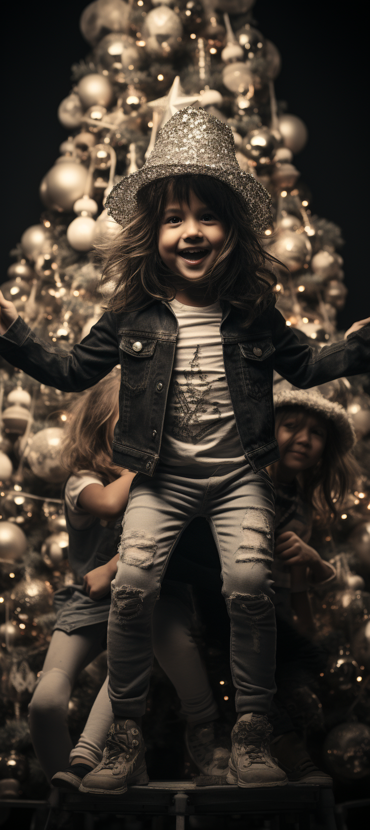 Eccentric children dancing around Christmas tree