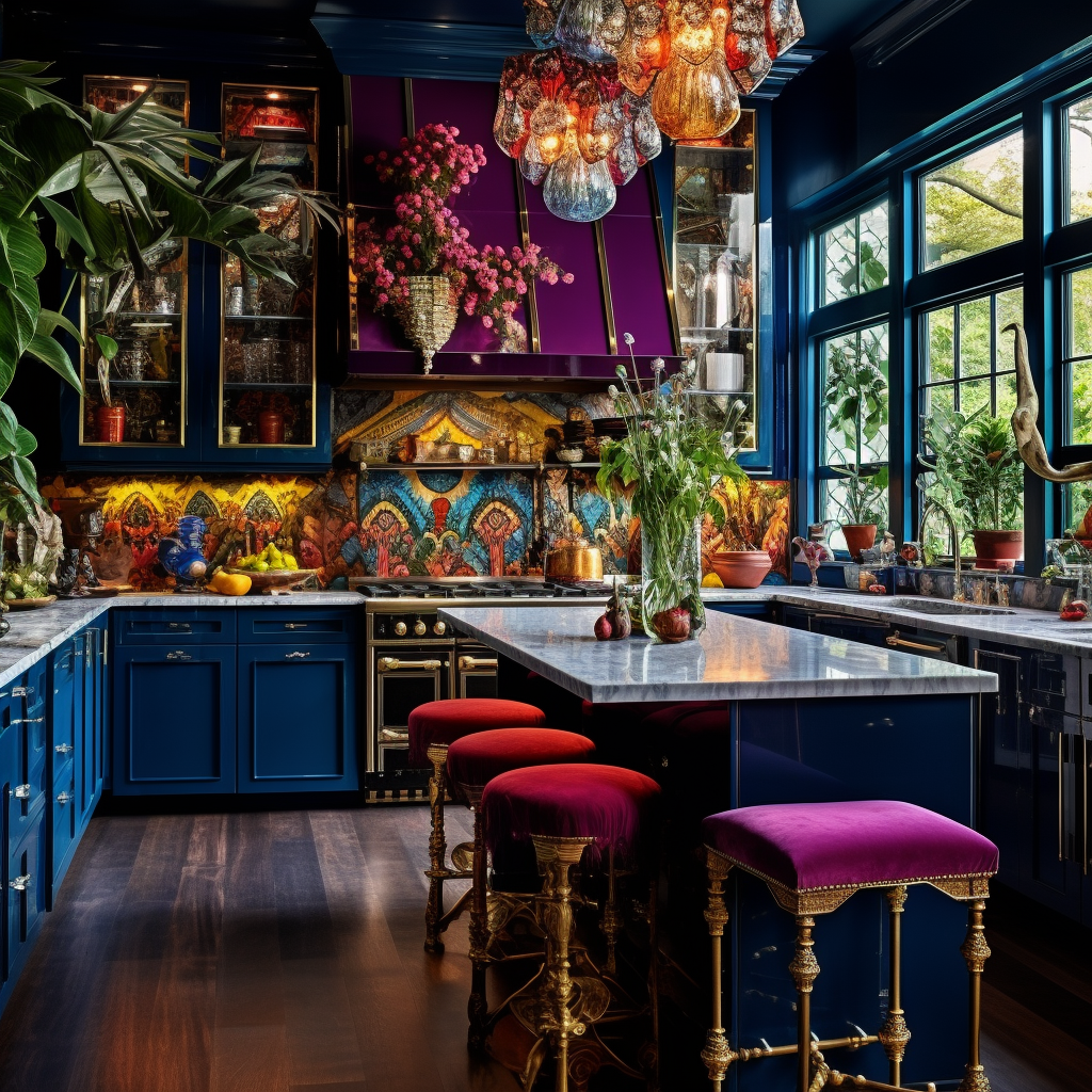 Eclectic vibrant kitchen with deep jewel-toned décor