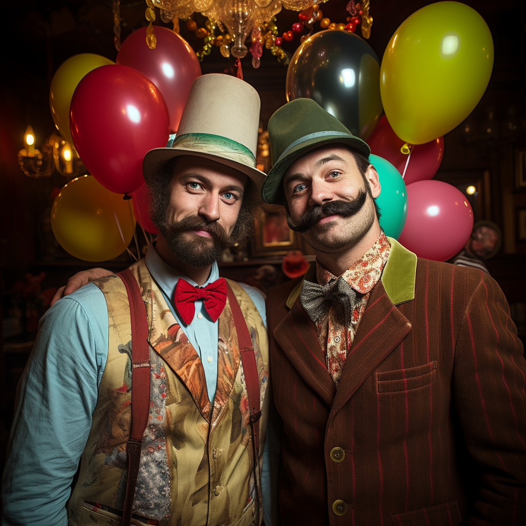 Two men in disguise at eclectic circus theme party