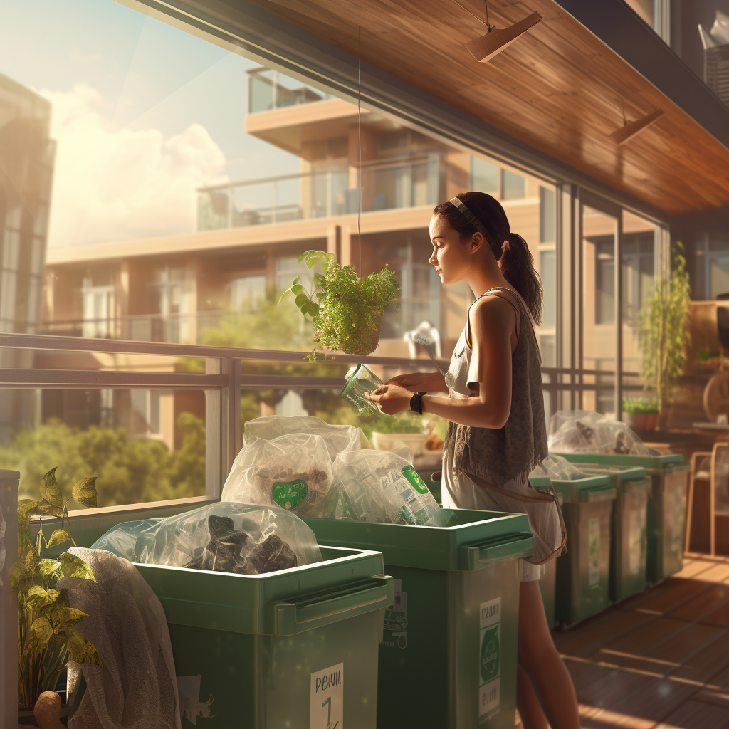 Young woman recycling items in eco-friendly apartment