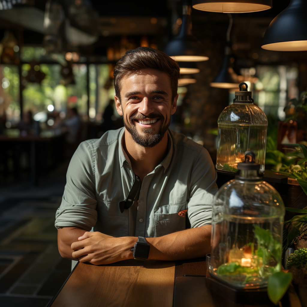 Smiling restaurateur in ecofriendly restaurant