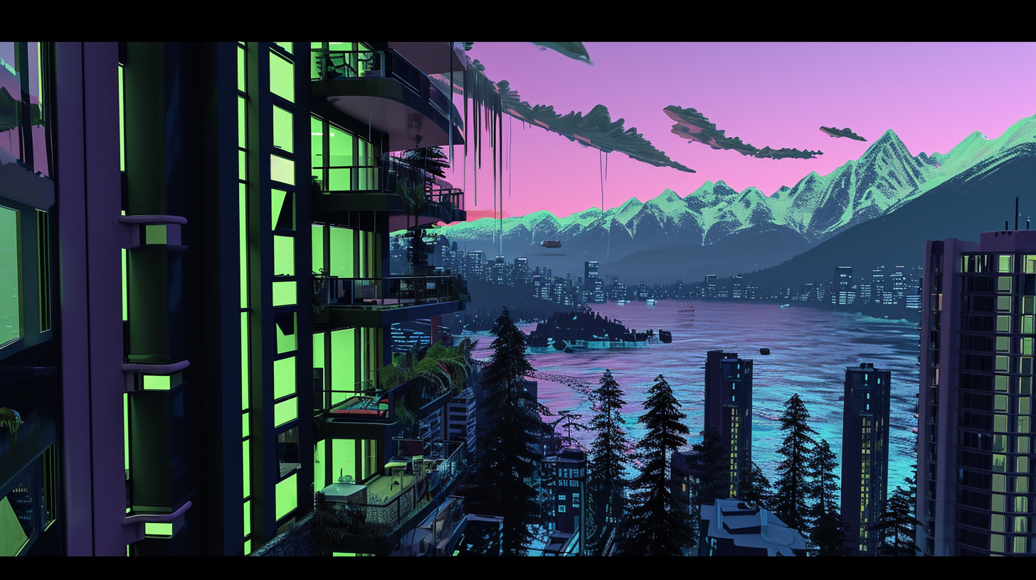 Ecopunk Metropolis Dusk with Mountains and Ocean