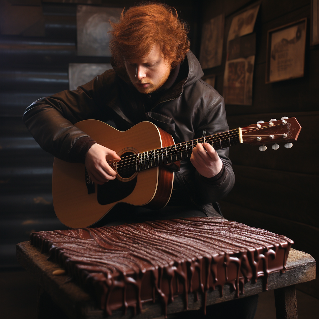 Ed Sheeran playing a chocolate guitar