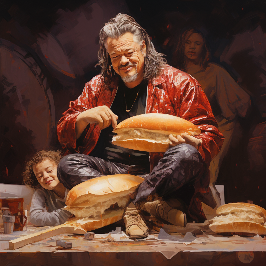 Eddie Van Halen with Coat Tails and Portly Son Eating Hamburger