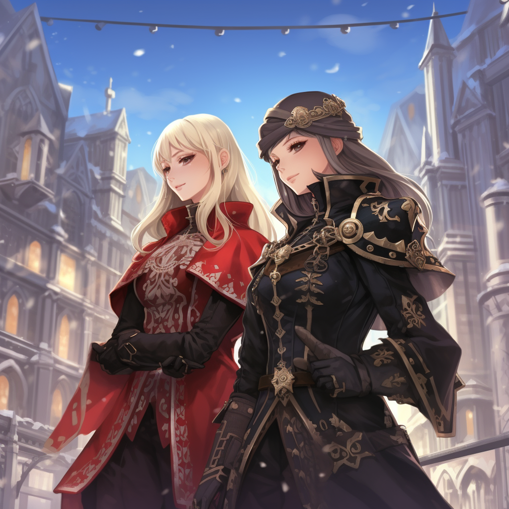 Edelgard and Female Byleth ice skating in winter