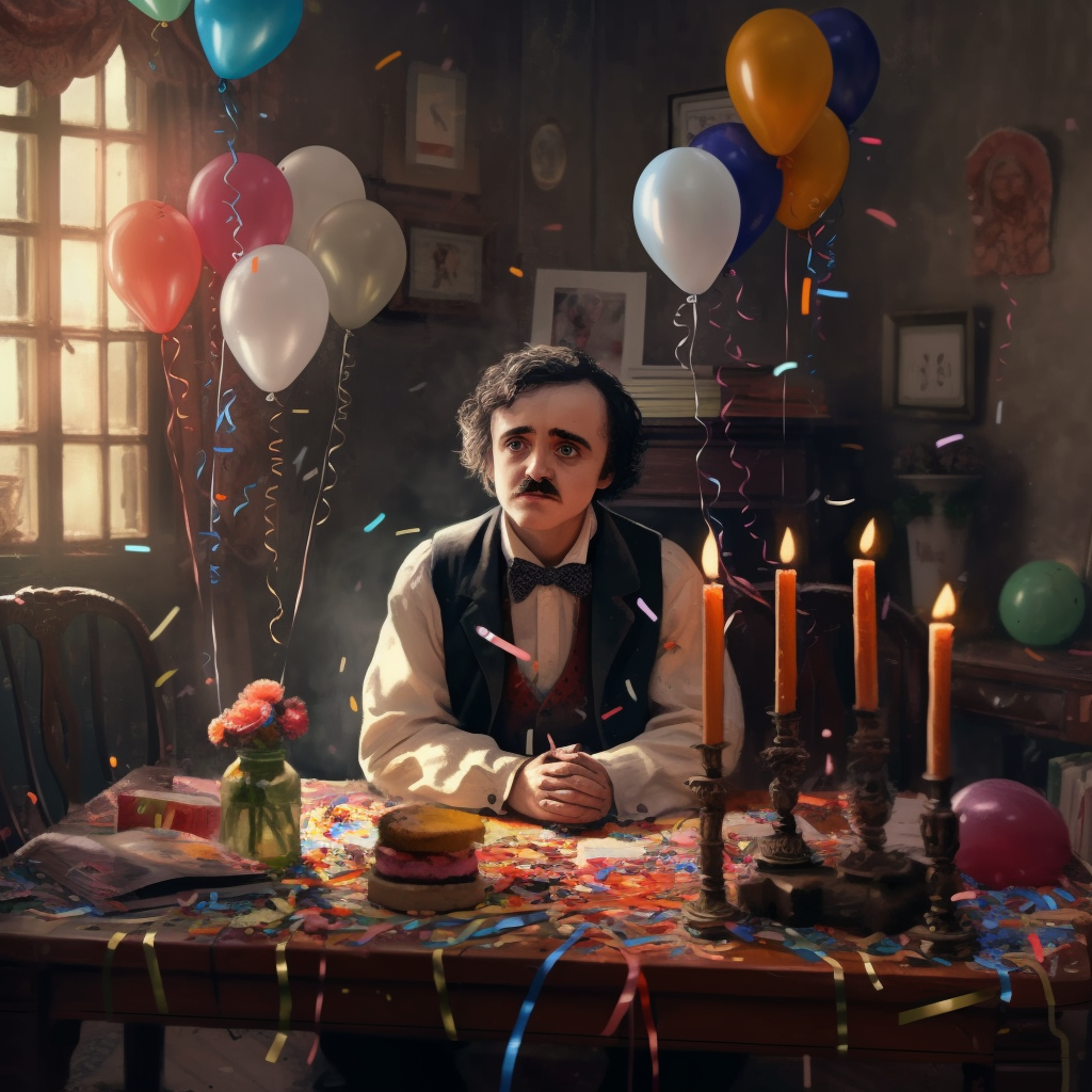 Edgar Allen Poe with Balloons and Confetti