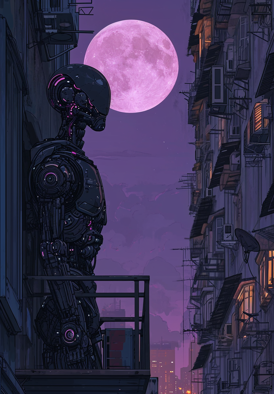 Cybernetic Edgerunner on Hotel Balcony with Purple Moon