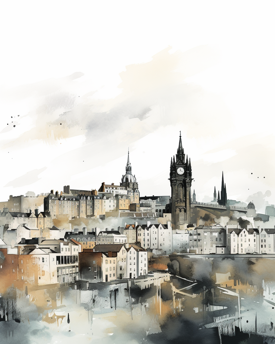 Expressive watercolor sketch of Edinburgh from an unusual angle
