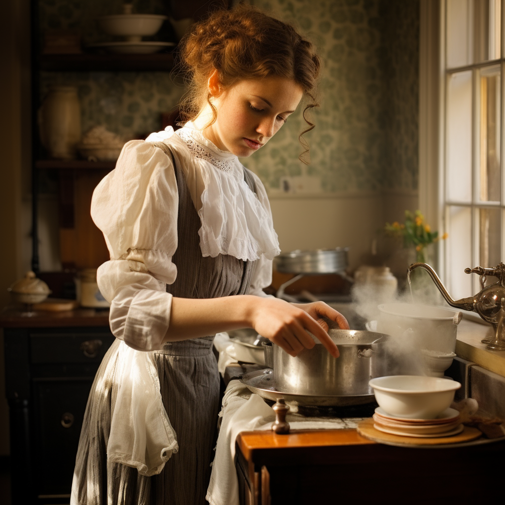 Edwardian housemaid cleaning a kitchen