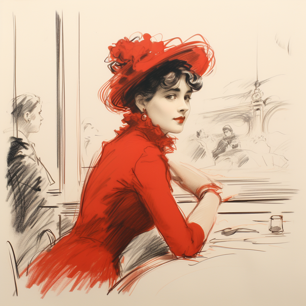 Red Ink Drawing of Edwardian Lady in Paris Cafe