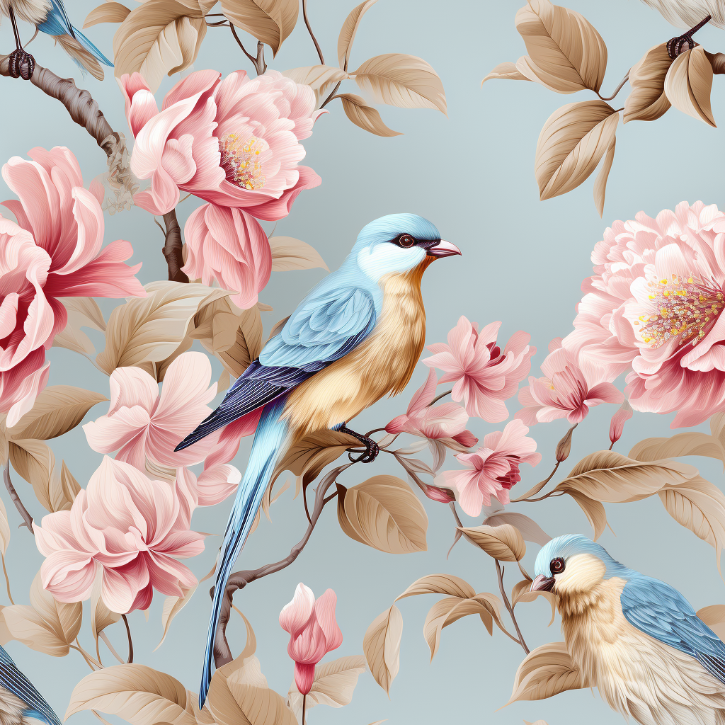 Edwardian Style Wallpaper Texture - Light Blue, Pink, 5 Birds