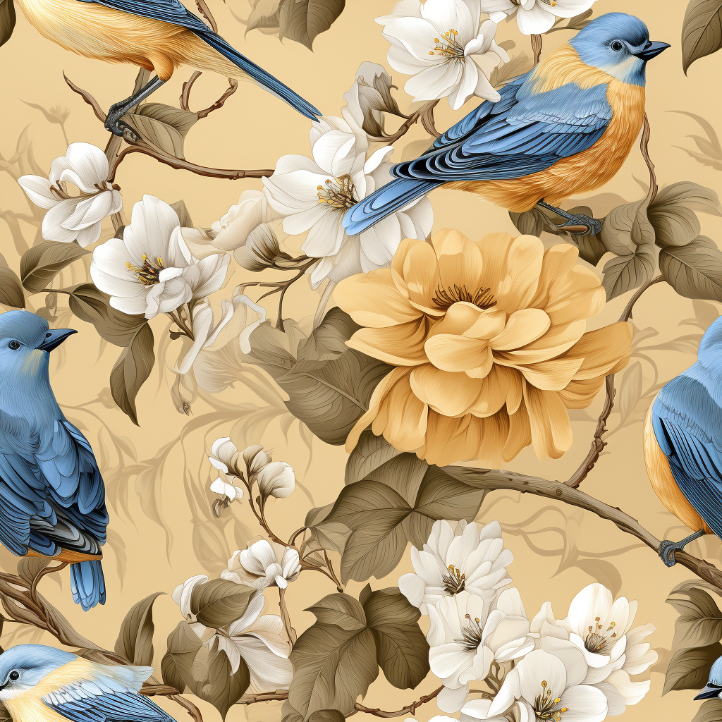 Edwardian Style Wallpaper Texture with Yellow and Blue Colors and 6 Birds