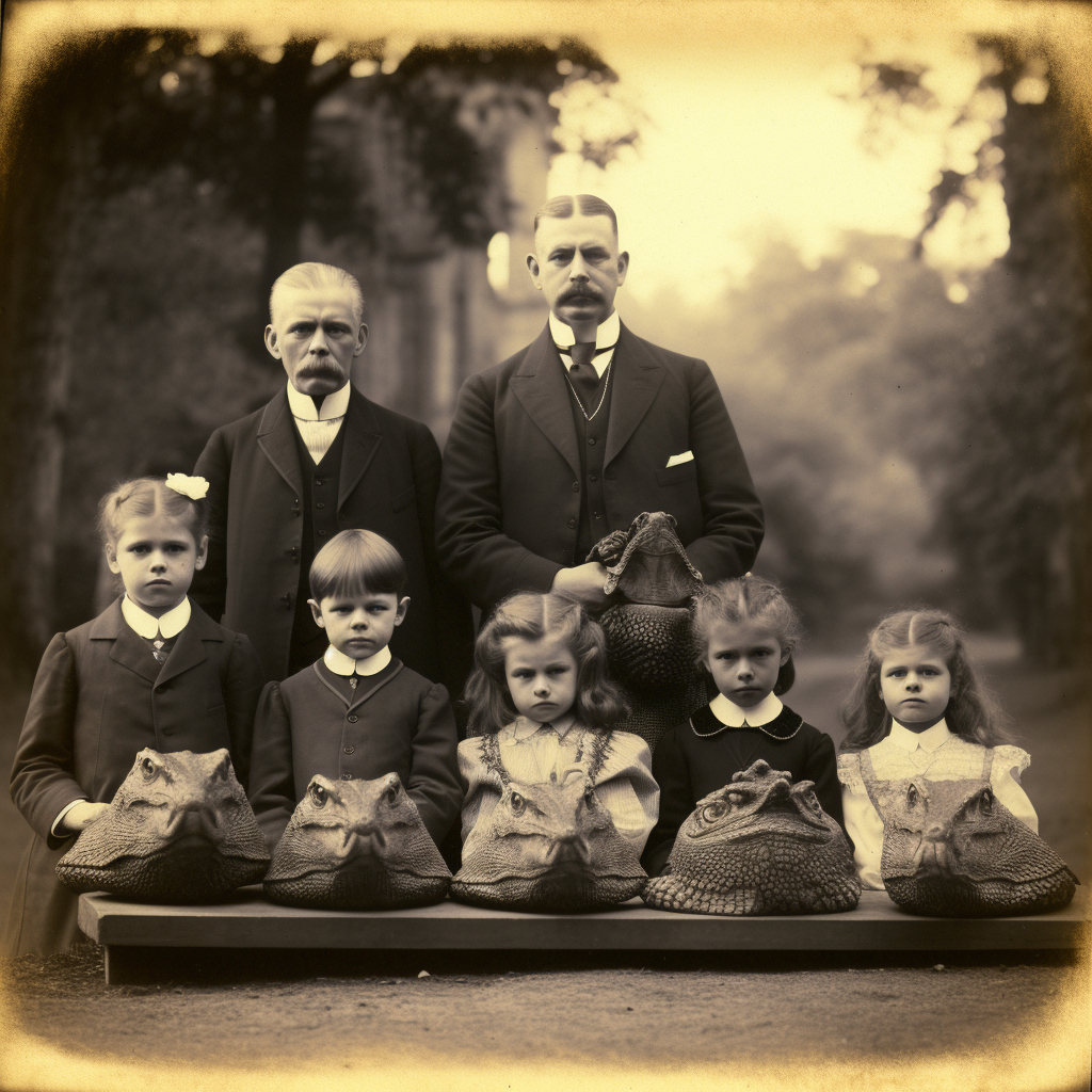 Vintage photo of Edwardian British royal family with alligator heads