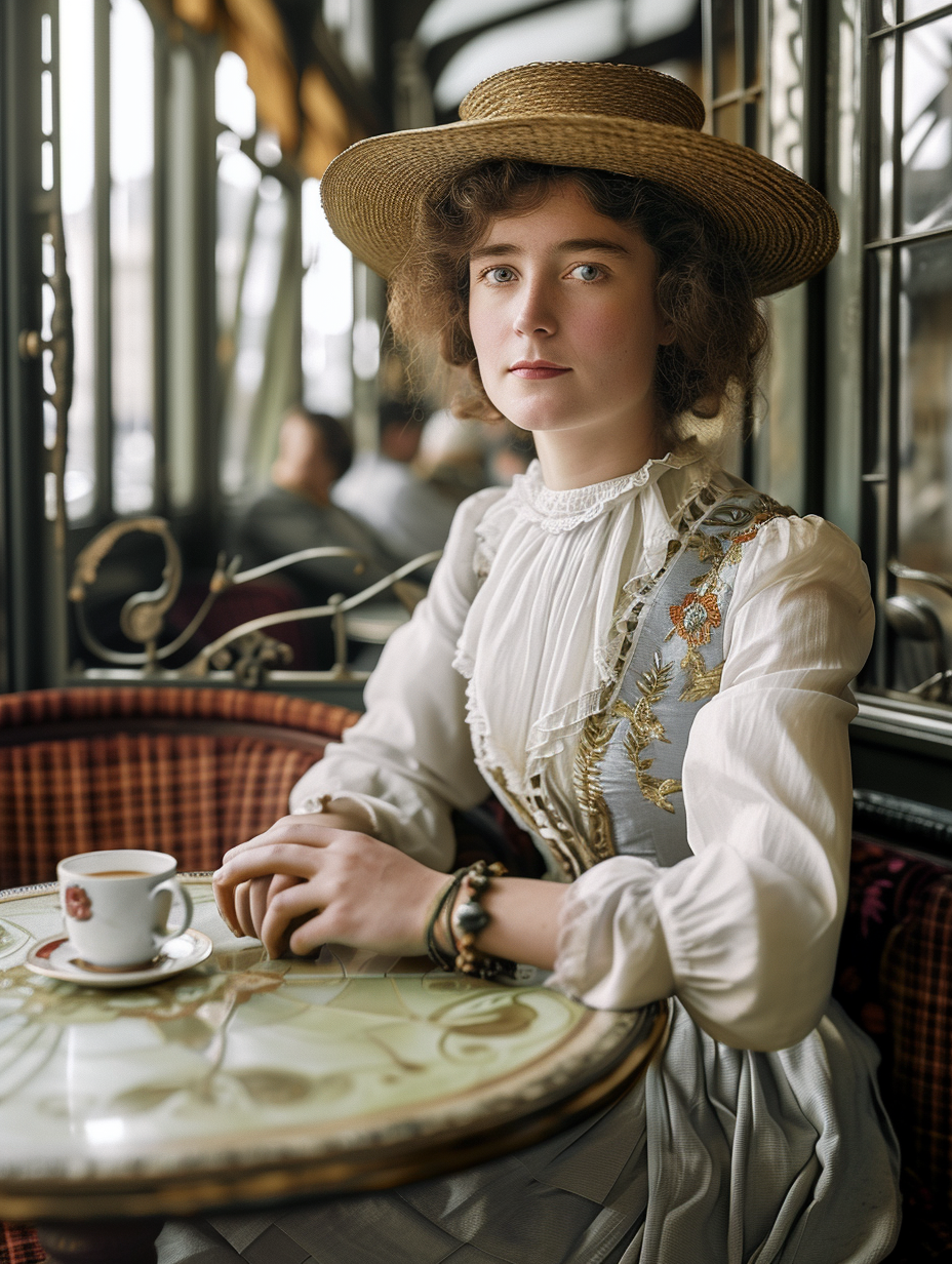 Edwardian woman in an Art Nouveau Paris cafe