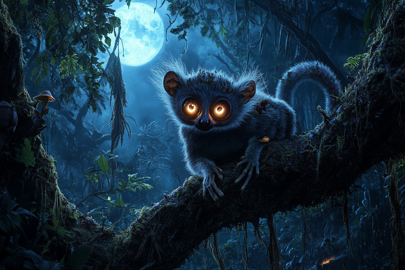 Nocturnal lemur with glowing eyes