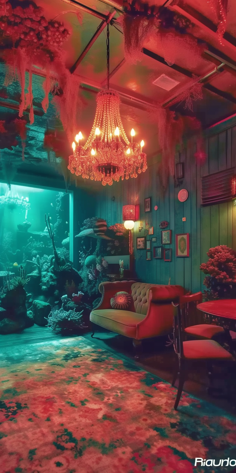 Dive bar interior, tide pools, coral reef