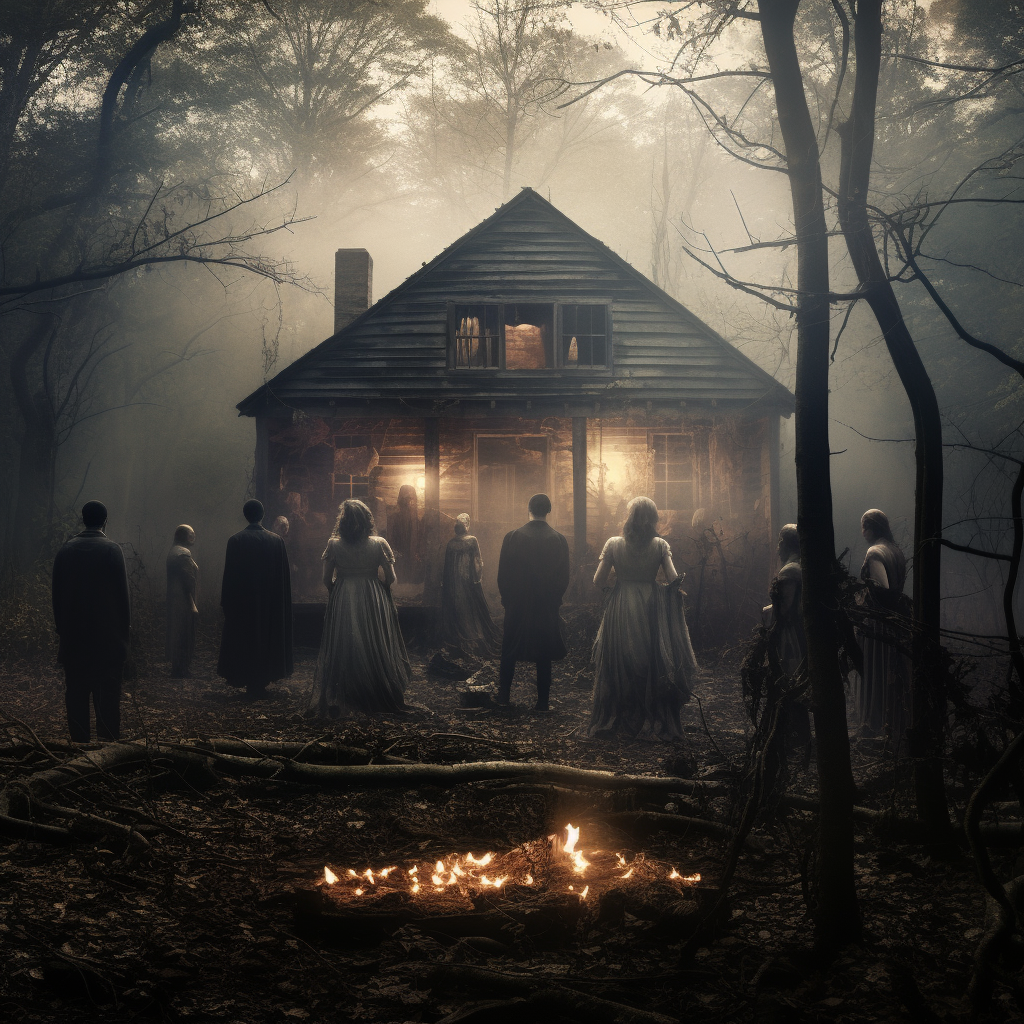 Eerie hunting cabin with dead wedding guests